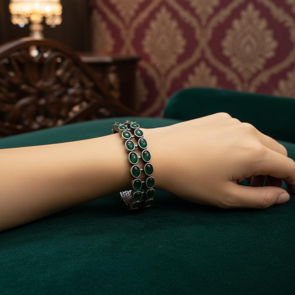1502-Pretty Precious Oxidised Silver Look Screw Openable Kada Bracelet for Women & Girls | Ethnic & Party Wear Jewellery-Green