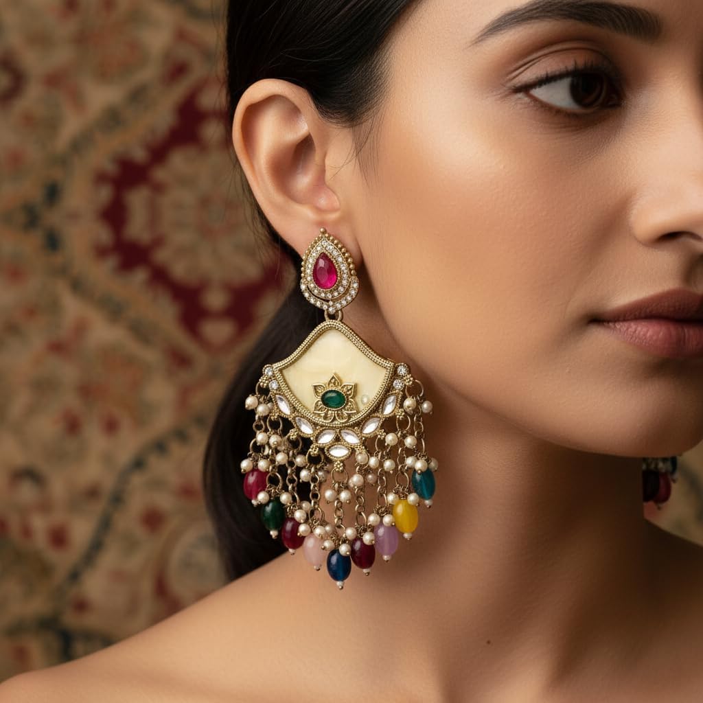 112824-Pretty Precious Traditional Kundan Earring Stylish Party Wear Earrings for Women and Girls-Mehndi Plating-Multicolour