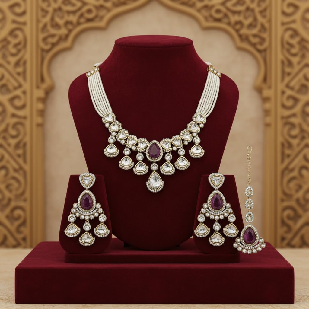 112795-Pretty Precious Kundan Necklace Set with Maang Tikka and Earrings for Women & Girls | Gold Plated Traditional Bridal Jewellery Set | Wedding, Festive & Party Wear-Purple Stone