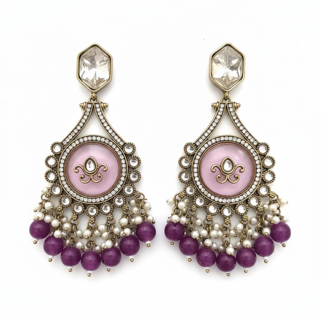 112596-Pretty Precious Traditional Kundan Earring Stylish Party Wear Earrings for Women and Girls-Mehndi Plating-Purple Colour