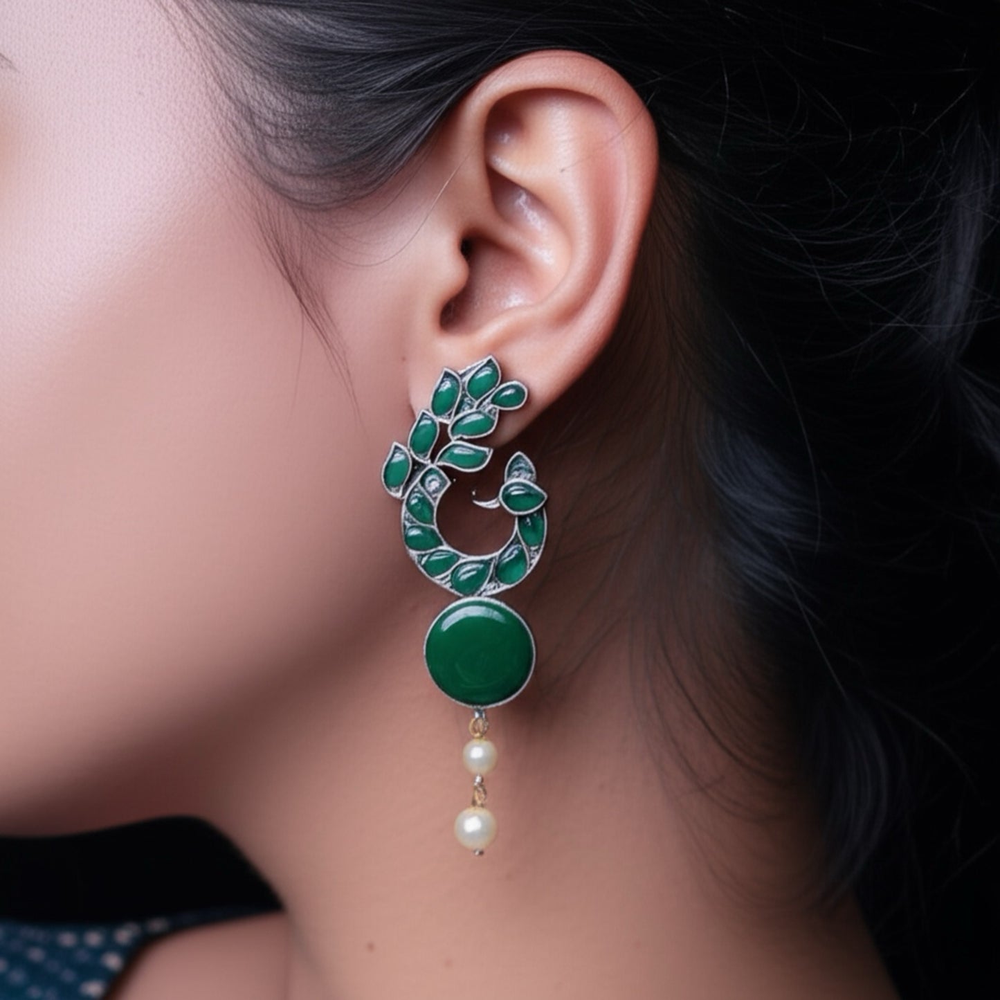 806913 Peacock Jhumki With Oxidised Plating-Green