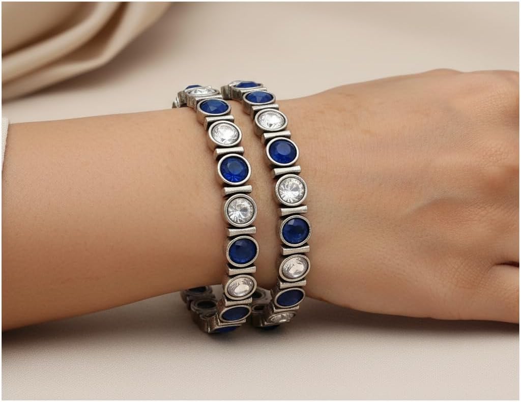 1506-Pretty Precious Bezel Set Bangles with Blue and Clear Stones, Silver Tone Metal, Pair of 2, Alternating Pattern Design-Size 2.6
