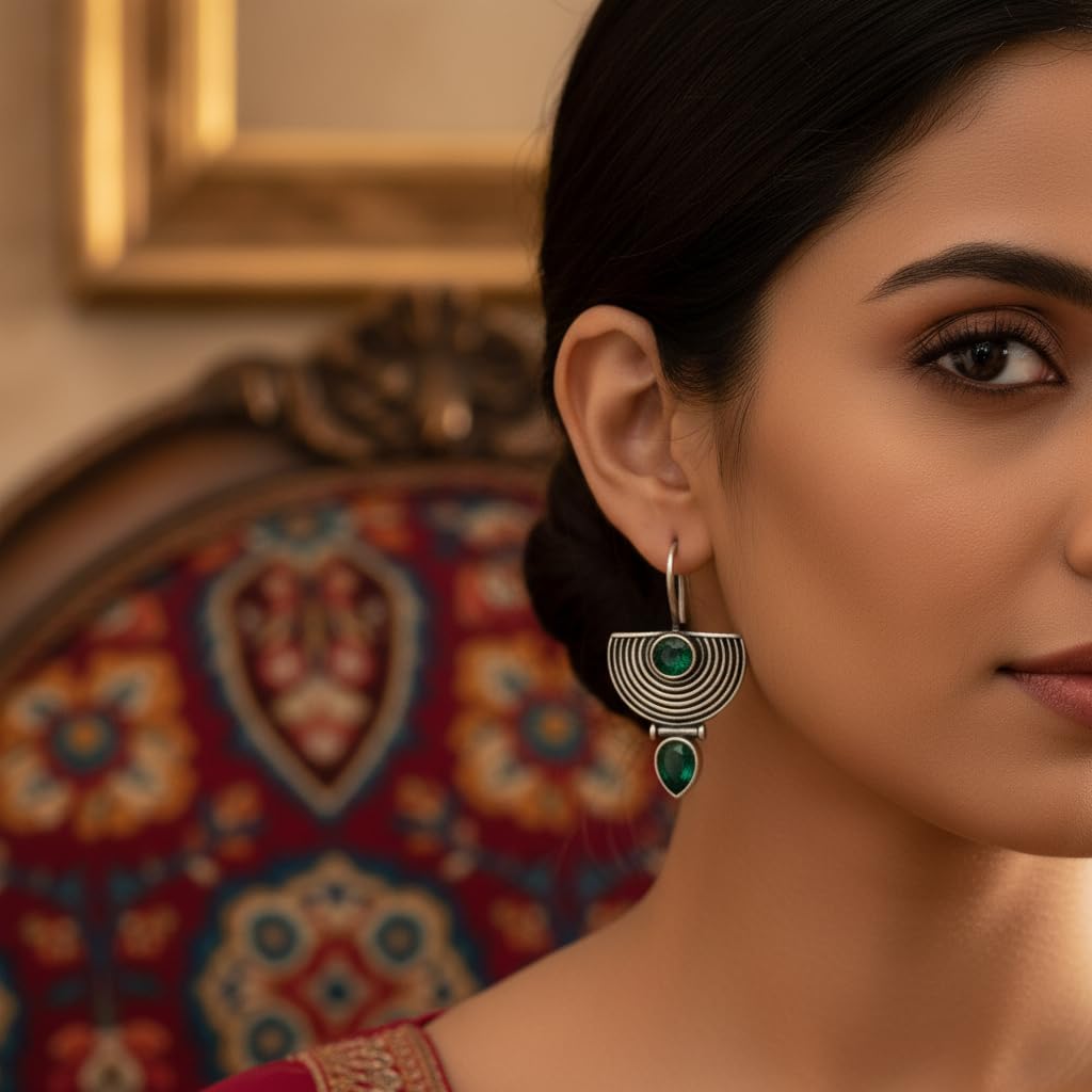 1523-Pretty Precious Oxidised Silver Stylish Party Wear Earrings for Women and Girls-Green & Mint