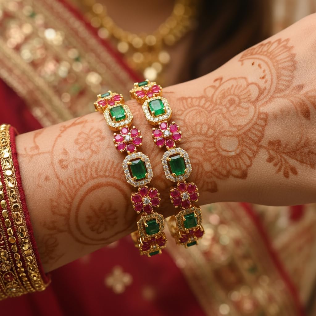 1490-Pretty Precious Gold Plated Cubic Zirconia/American Diamond Traditional Bangles/Bracelet Set of 2 for Women and Girls- Ruby Green (Size 2.6)