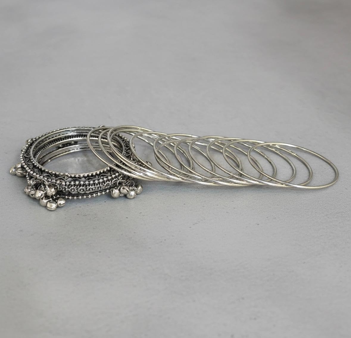 810549- Pretty Precious Silver Bangle Set, Metal Bangles with Ghungroo Bells, Oxidized Finish, Traditional Indian Jewelry, Multiple Piece Set-Size 2.6