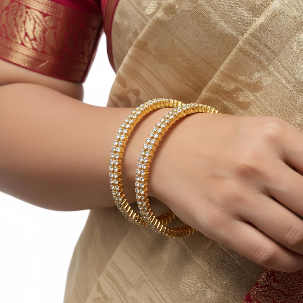 1482-Pretty Precious Two Tone Cubic Zirconia/American Diamond Traditional Bangles/Bracelet Set of 2 for Women and Girls- (Size 2.4)