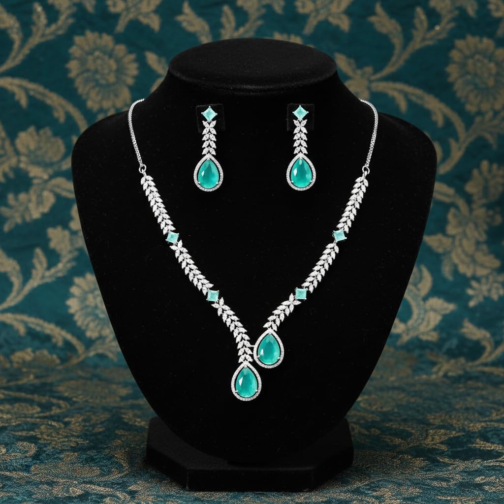 435007-Pretty Precious American Diamond Rhodium Plated Necklace and Earrings Set for Women & Girls | Mint Teardrop Stone | Elegant Wedding, Party & Bridal Jewellery | Statement AD Necklace Set-Mint