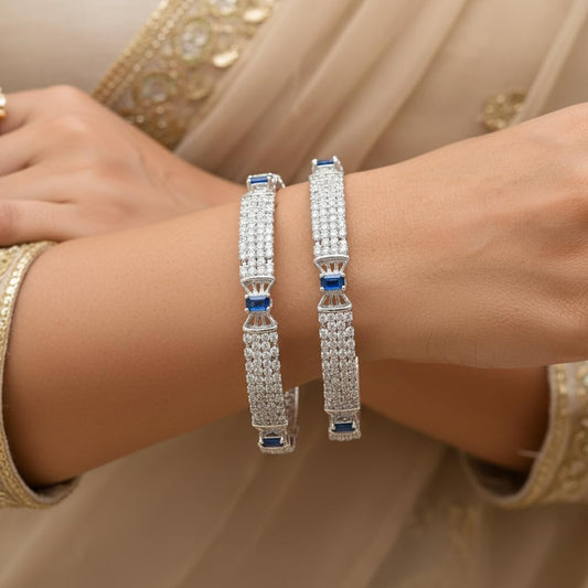 1469-Pretty Precious Rodhium-Plated Cubic Zirconia/American Diamond Traditional Bangles/Bracelet Set of 2 for Women and Girls -Blue (Size 2.8)