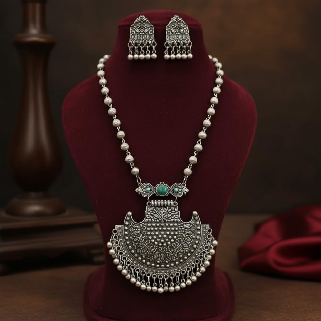 1565-Pretty Precious Latest Stylish Traditional Oxidised Silver Pendant Set for Women & Girls | Ethnic Necklace Jewellery Set for Festive & Casual Wear-Green