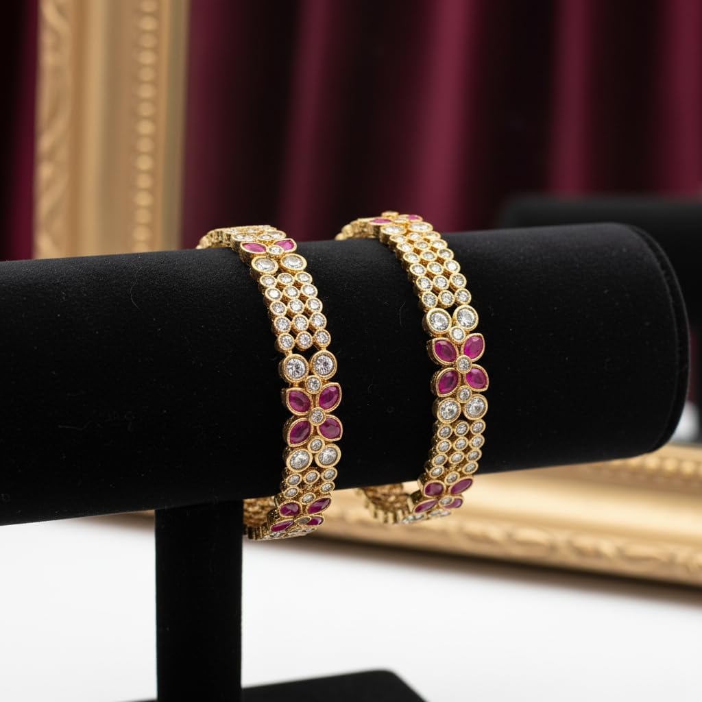 1493-Pretty Precious Gold Plated Cubic Zirconia/American Diamond Traditional Bangles/Bracelet Set of 2 for Women and Girls- Ruby (Size 2.6)