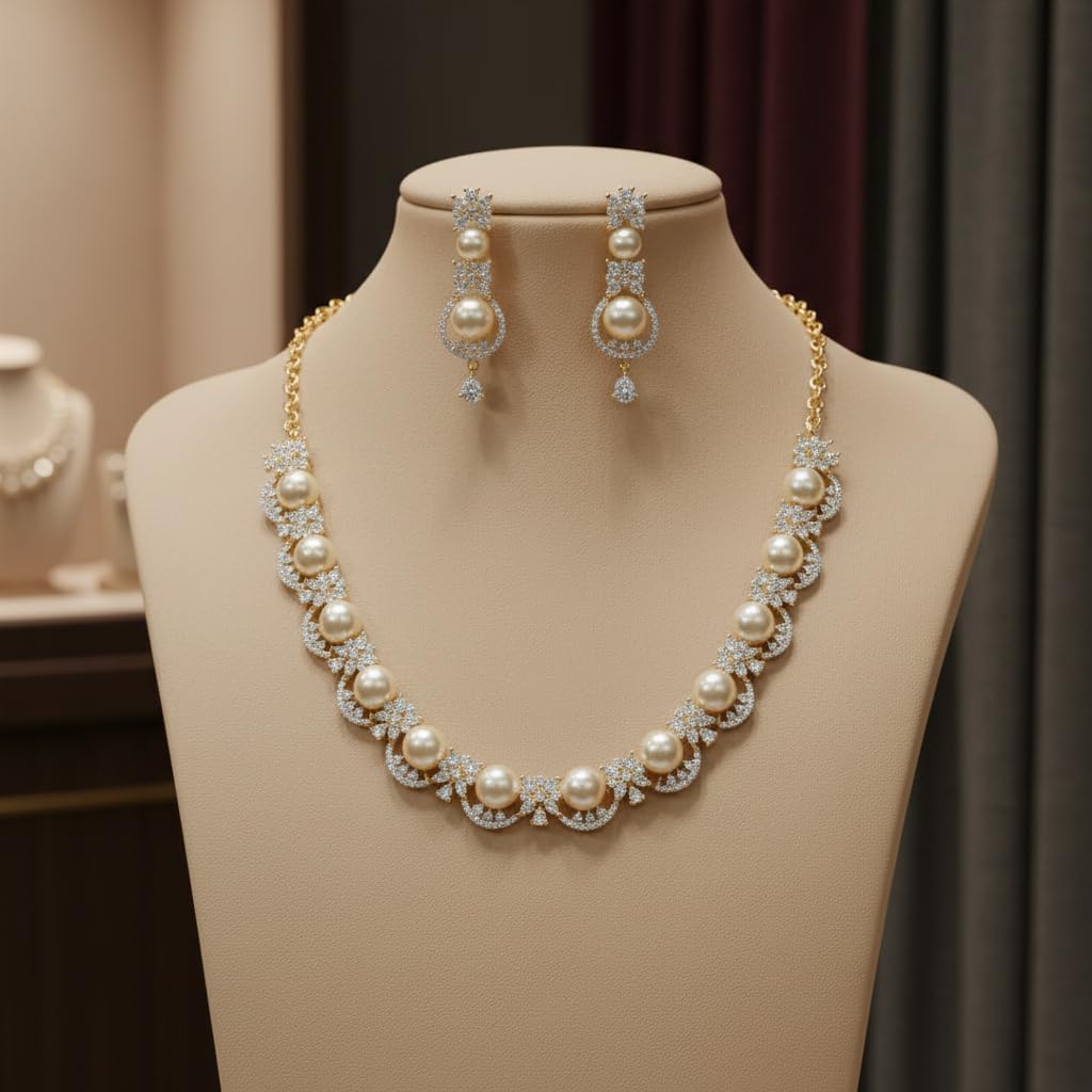 1405-Pretty Precious AD Necklace Set for Women | Two Tone American Diamond Necklace & Earrings Set | Party, Wedding & Festive Jewellery-Pearl