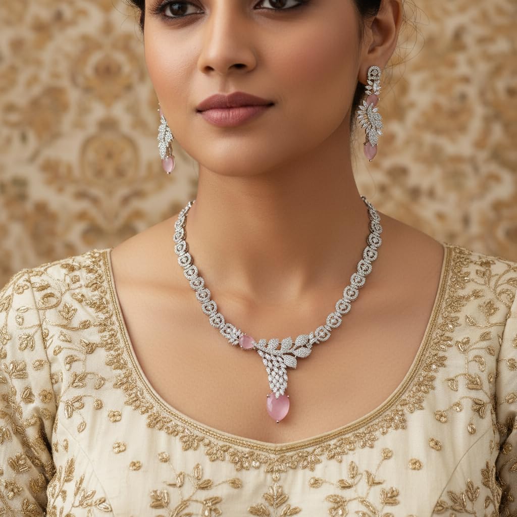 1402-Pretty Precious AD Necklace Set for Women | Rhodium Plated American Diamond Necklace & Earrings Set | Party, Wedding & Festive Jewellery-Pink Colour
