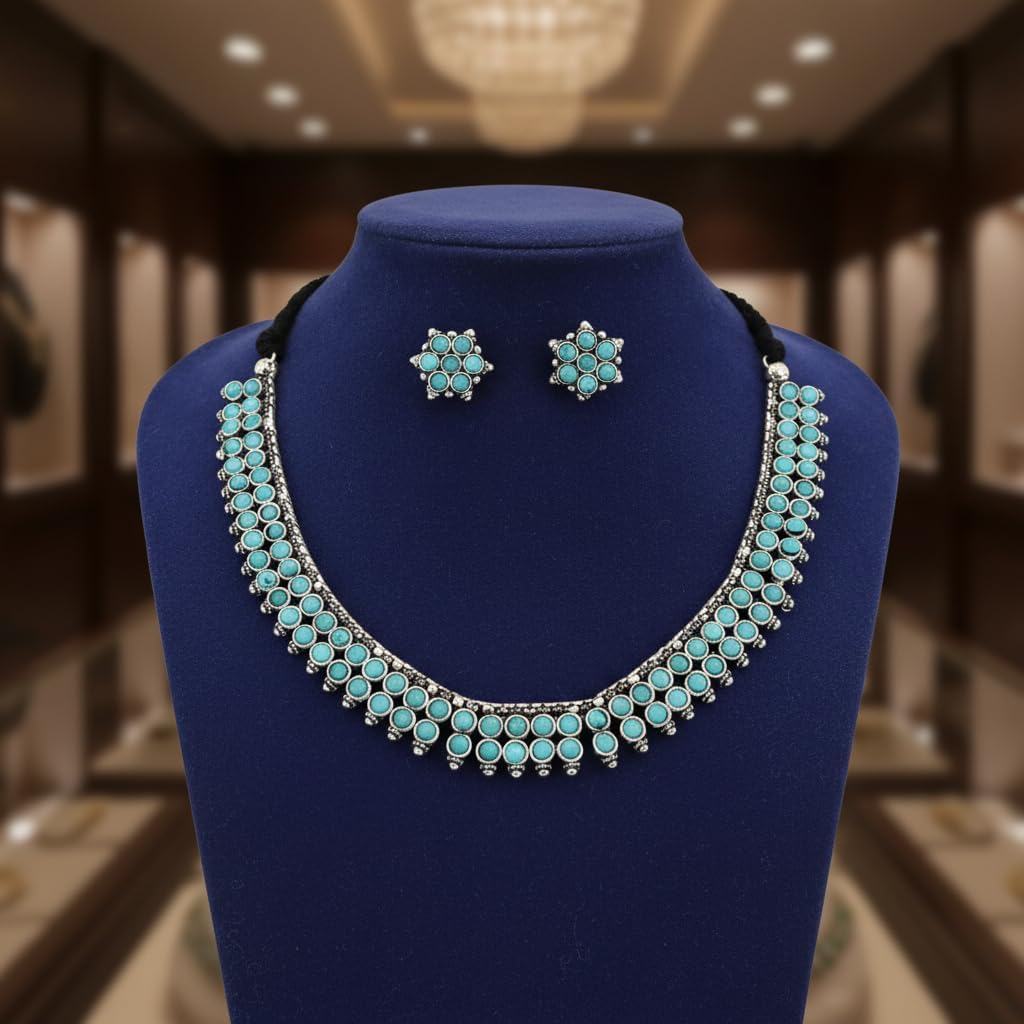 BC02579-Pretty Precious Latest Stylish Traditional Oxidised Silver Necklace Jewellery Set for Women | Antique Finish Ethnic Necklace with Matching Earrings | Festive & Party Wear-Aqua Colour