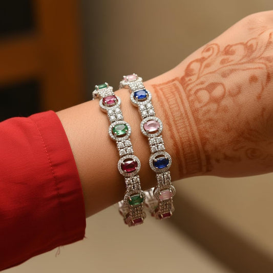 1467-Pretty Precious Rodhium-Plated Cubic Zirconia/American Diamond Traditional Bangles/Bracelet Set of 2 for Women and Girls -Multicolour (Size 2.6)