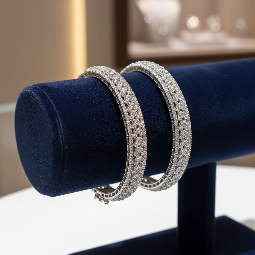 1464-Pretty Precious Rodhium-Plated Cubic Zirconia/American Diamond Traditional Bangles/Bracelet Set of 2 for Women and Girls -White (Size 2.6)-Openable
