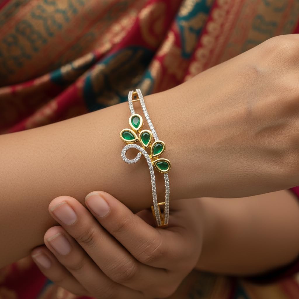1410-Pretty Precious American Diamond Openable Kada Bracelet for Women, Gold & Silver Plating, Cubic Zirconia, One Size, Party & Wedding-Green