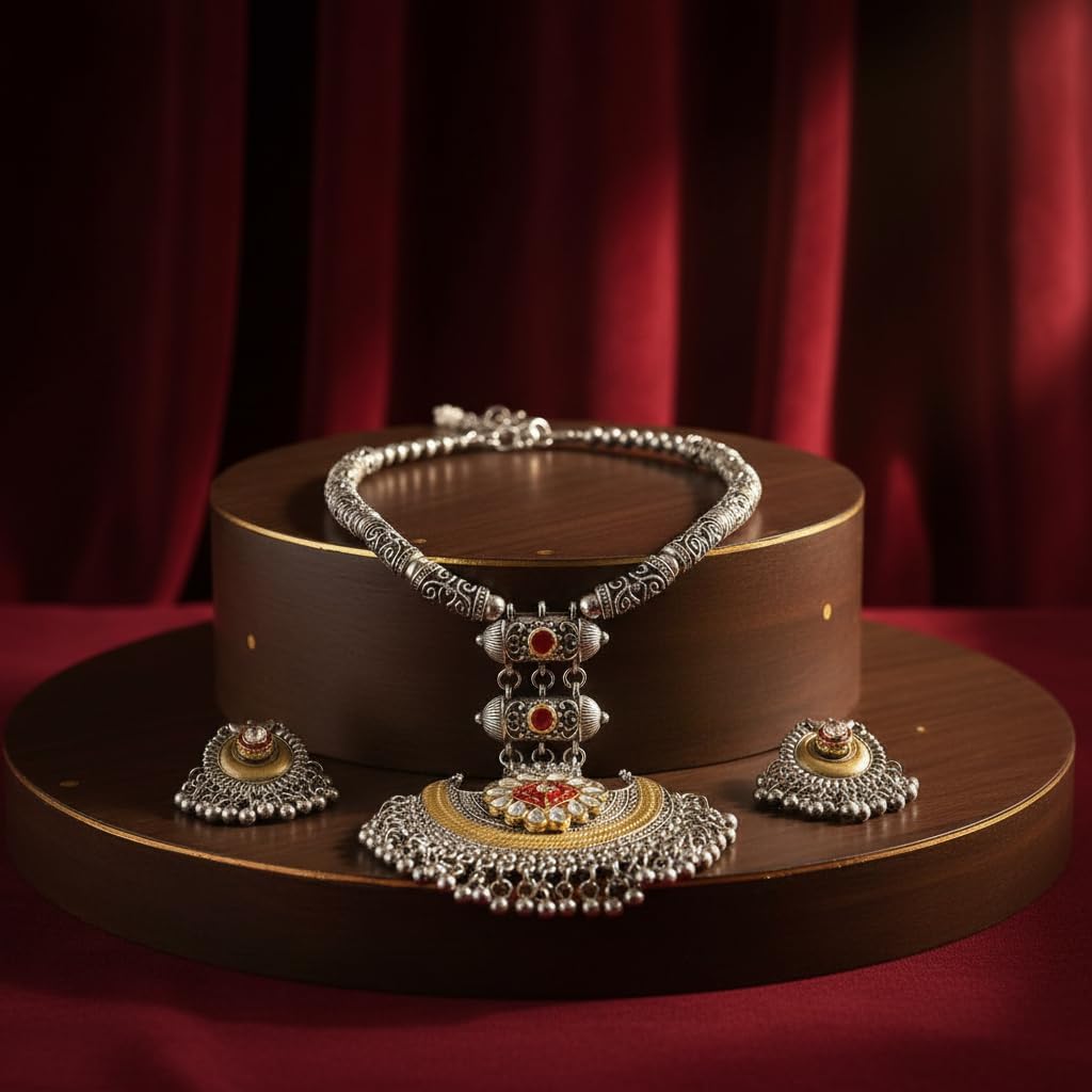 1546-Pretty Precious Latest Stylish Traditional Oxidised Silver Necklace Jewellery Set for Women | Antique Finish Ethnic Necklace with Earrings | Festive & Party Wear-Yellow with Orange (Hasli Style)