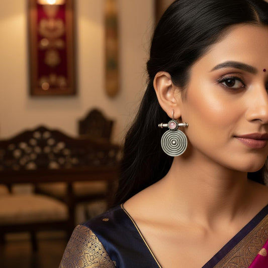 1539-Pretty Precious Oxidised Silver Stylish Party Wear Earrings for Women and Girls-Pink Stone