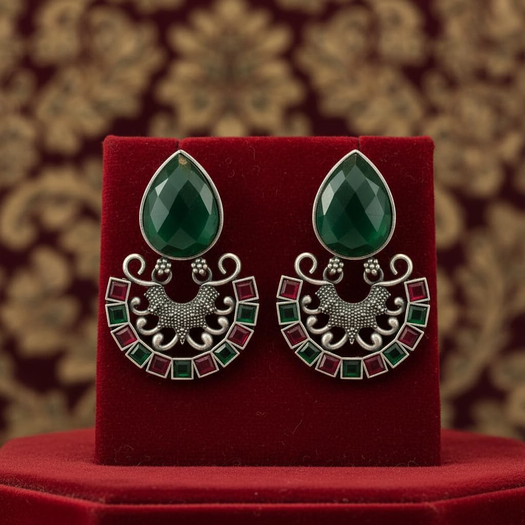 1525-Pretty Precious Oxidised Silver Stylish Party Wear Earrings for Women and Girls-Ruby Green