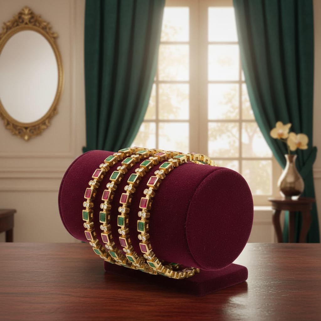 1492-Pretty Precious Gold Plated Cubic Zirconia/American Diamond Traditional Bangles/Bracelet Set of 4 for Women and Girls- Ruby Green (Size 2.8)