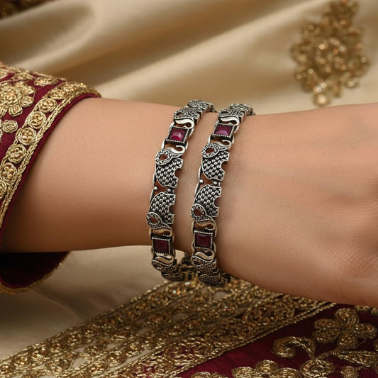 1508-Pretty Precious Oxidised Silver Bangles, Traditional Ethnic Style, Antique Finish, Size 2.4, 1 Pair, 2 Pieces-Ruby Stone