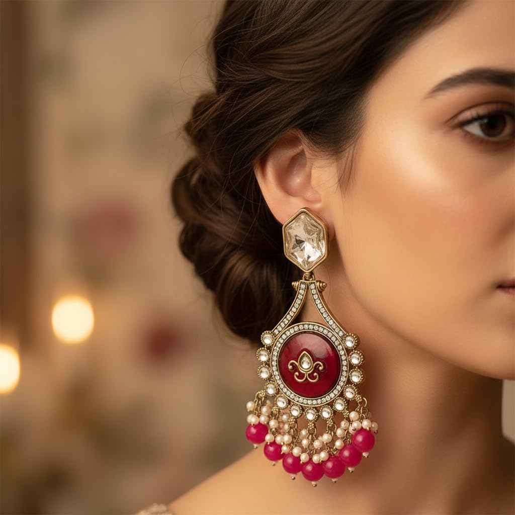 112596-Pretty Precious Traditional Kundan Earring Stylish Party Wear Earrings for Women and Girls-Mehndi Plating-Purple Colour