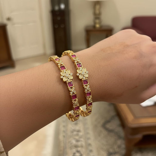 1495-Pretty Precious Gold Plated Cubic Zirconia/American Diamond Traditional Bangles/Bracelet Set of 2 for Women and Girls- Ruby (Size 2.4)