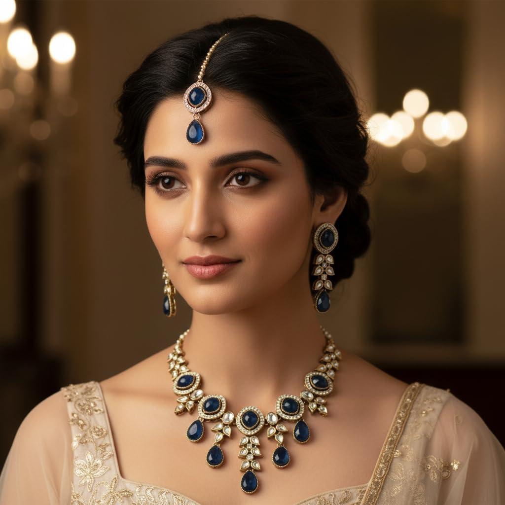 112503-Pretty Precious Kundan Necklace Set with Maang Tikka and Earrings for Women & Girls | Gold Plated Traditional Bridal Jewellery Set | Wedding, Festive & Party Wear-Blue Colour