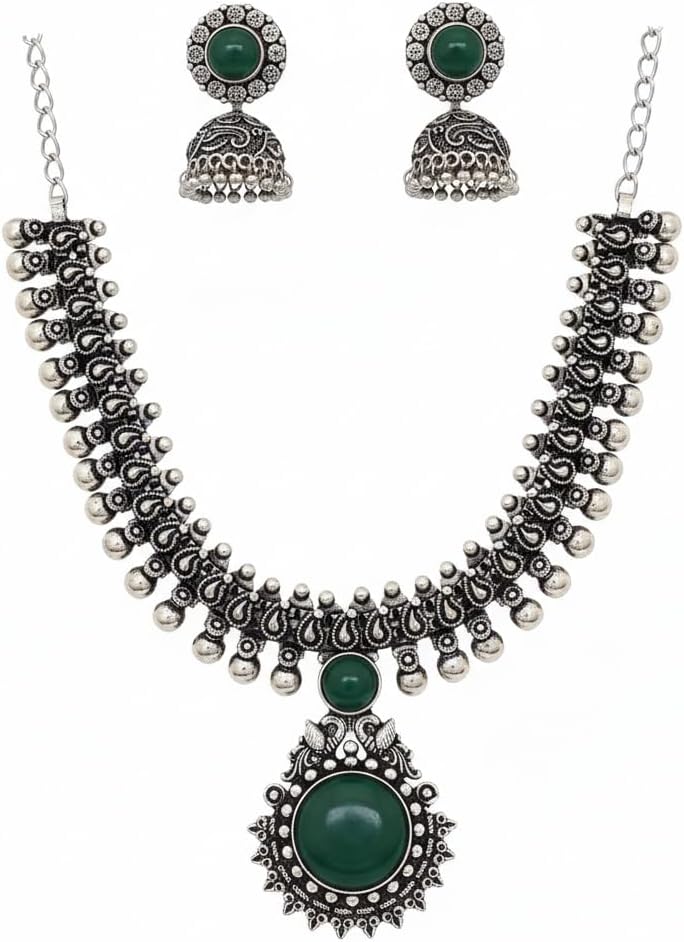 1562-Pretty Precious Latest Stylish Traditional Oxidised Silver Necklace Jewellery Set for Women | Antique Finish Ethnic Necklace with Matching Earrings | Festive & Party Wear-Green Colour
