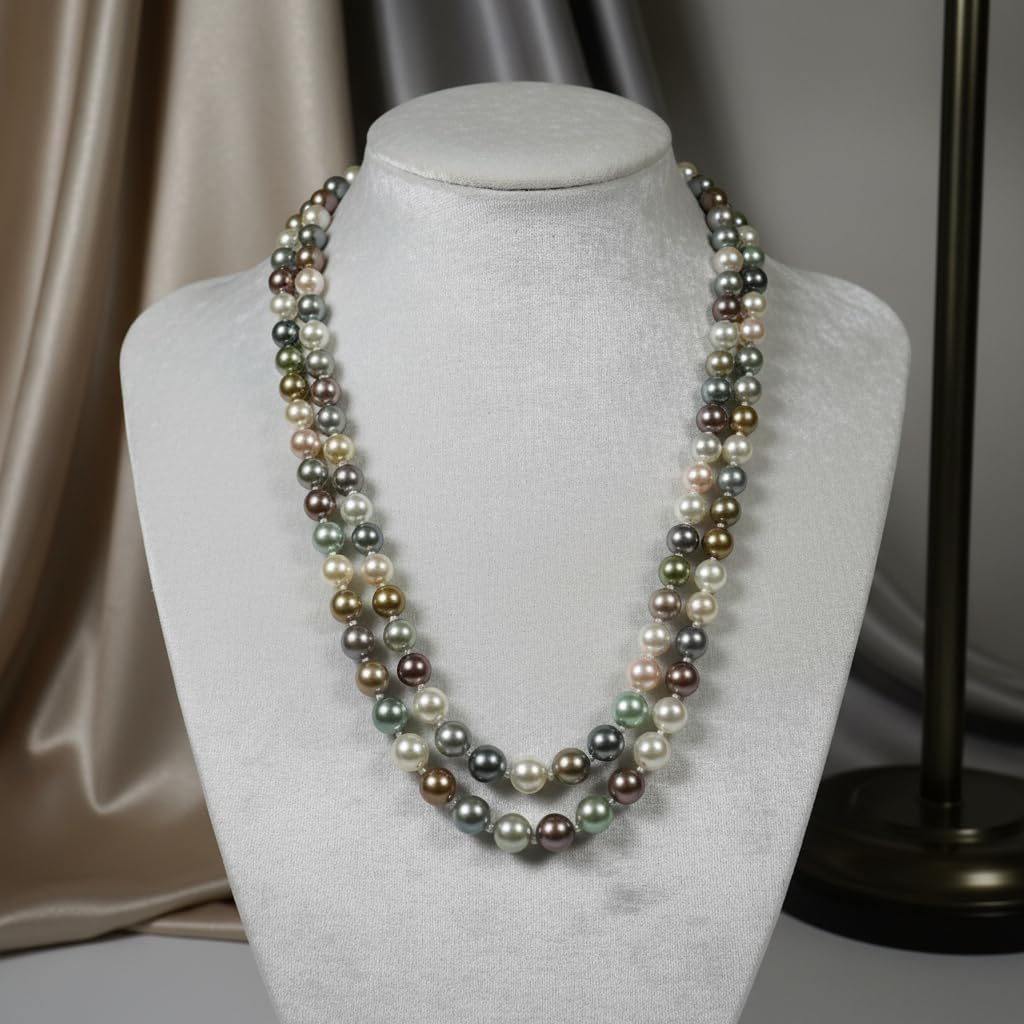 BC52558-Pretty Precious Multi-Strand Pearl Necklace, Double Layer Graduated Design, Multicolour Beaded with Lobster Clasp