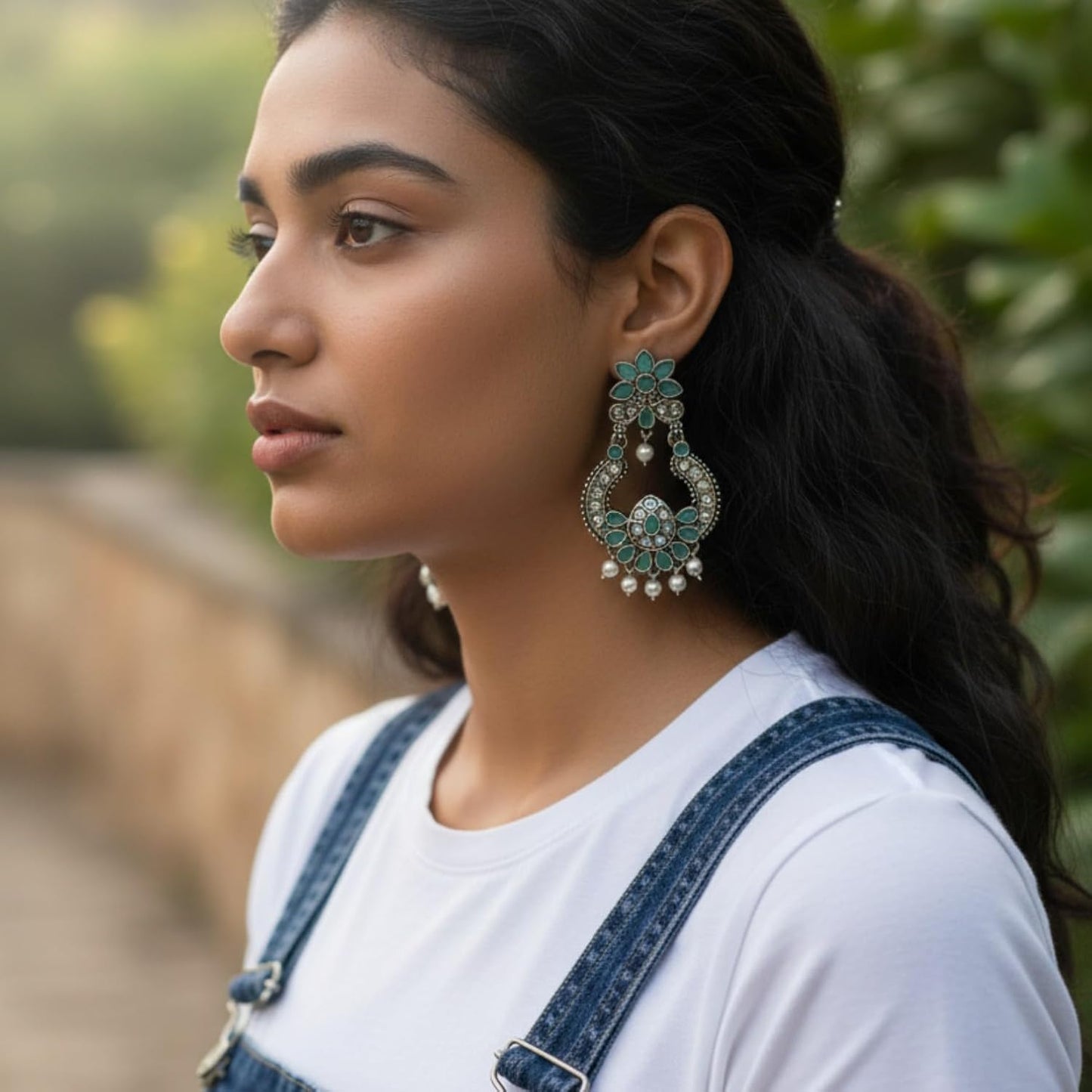 1345-Pretty Precious Oxidised Silver Stylish Party Wear Earrings for Women and Girls-Mint Colour