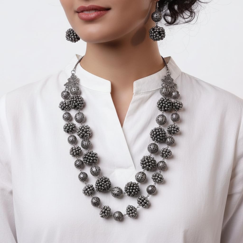 1548-Pretty Precious Latest Stylish Traditional Oxidised Silver Necklace Set for Women | Antique Finish Ethnic Necklace with Matching Earrings | Festive & Party Wear