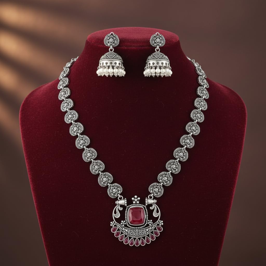 810280-Pretty Precious Latest Stylish Traditional Oxidised Silver Necklace Jewellery Set for Women | Antique Finish Ethnic Necklace with Matching Earrings | Festive & Party Wear-Ruby Colour