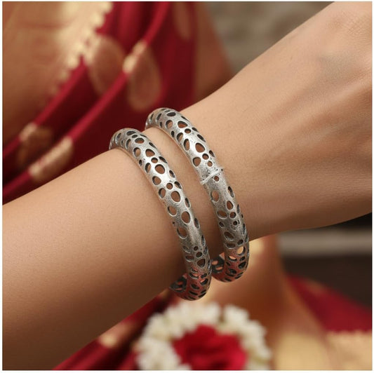 1512-Pretty Precious Oxidised Silver Bangles, Traditional Ethnic Style, Size 2.6, 1 Pair (2 Pieces), Antique Finish