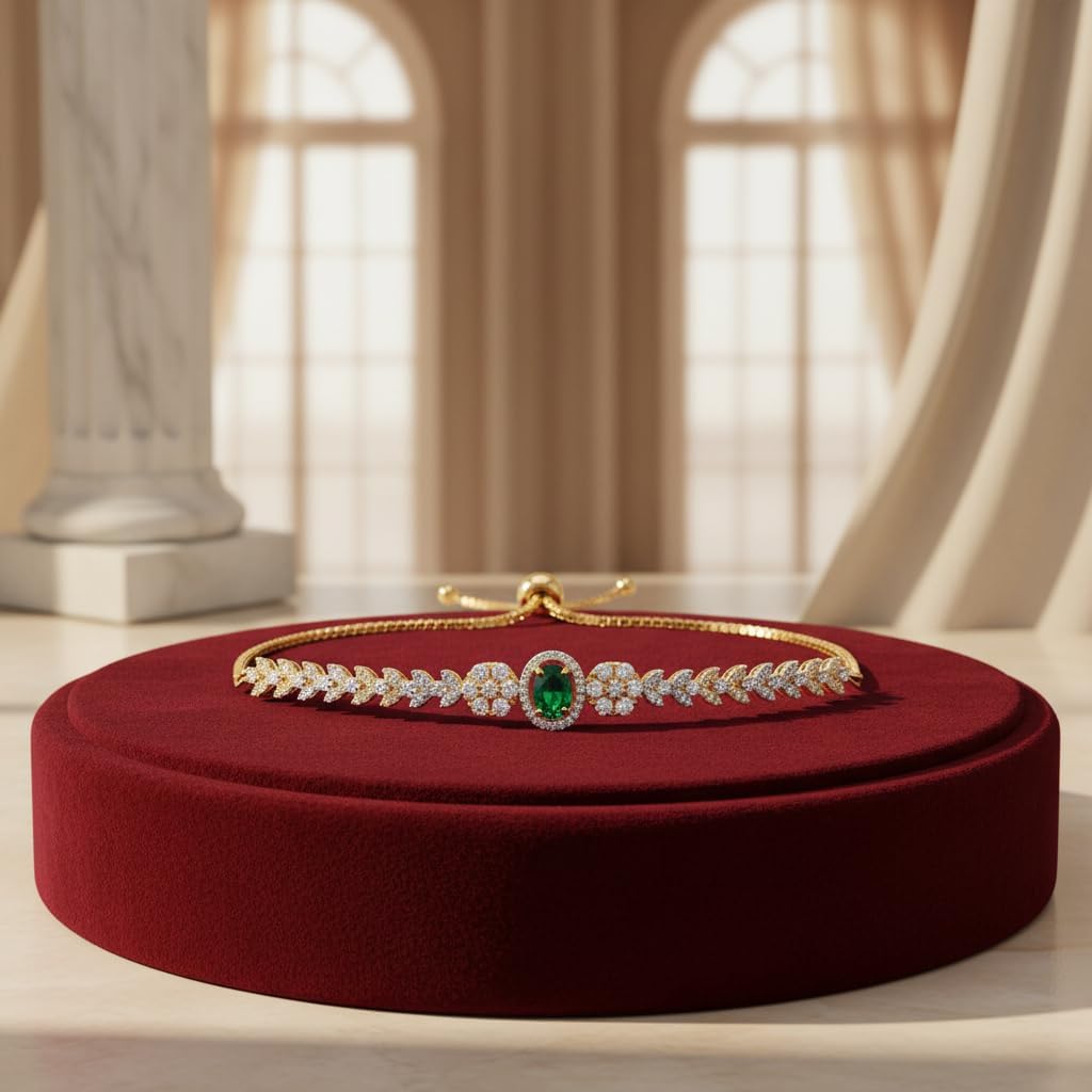 439543-Pretty Precious Gold Plated Cubic Zirconia Adjustable Chain Bracelet for Women | Elegant CZ Bracelet | Party, Wedding & Daily Wear Jewellery-Green
