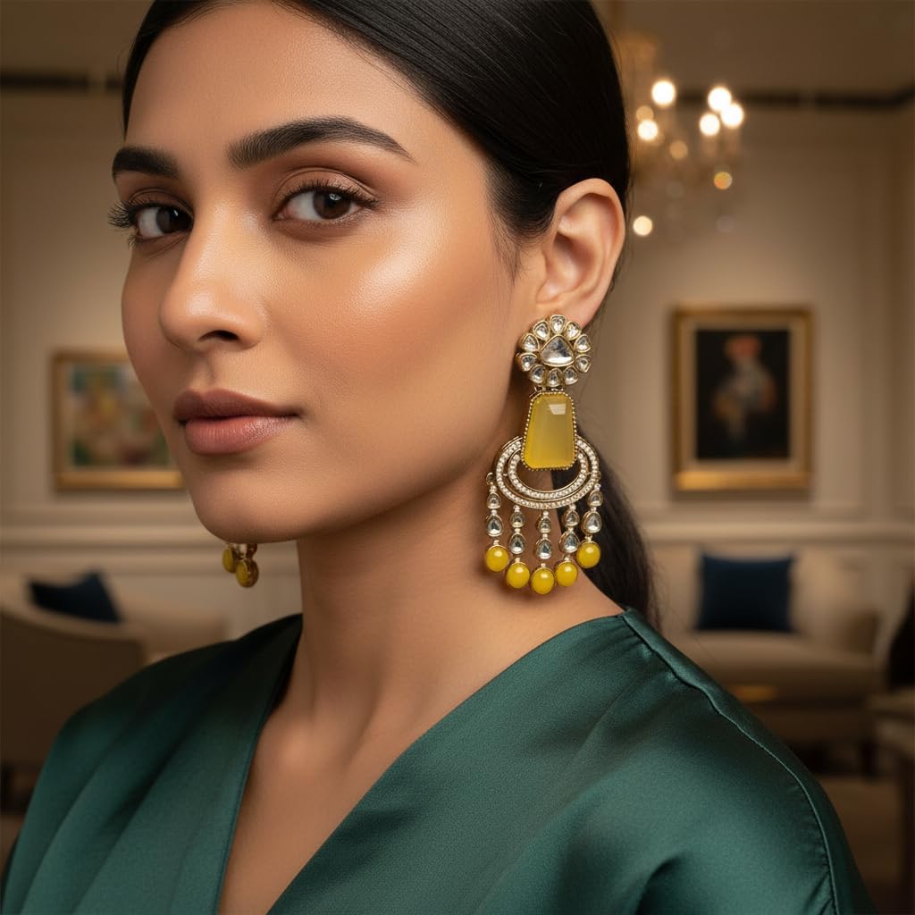 112467-Pretty Precious Traditional Kundan Earring Stylish Party Wear Earrings for Women and Girls-Mehndi Plating-Yellow