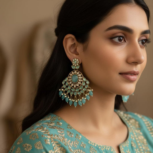 1341-Pretty Precious Traditional Kundan Earring Stylish Party Wear Earrings for Women and Girls-Mehndi Plating Aqua colour