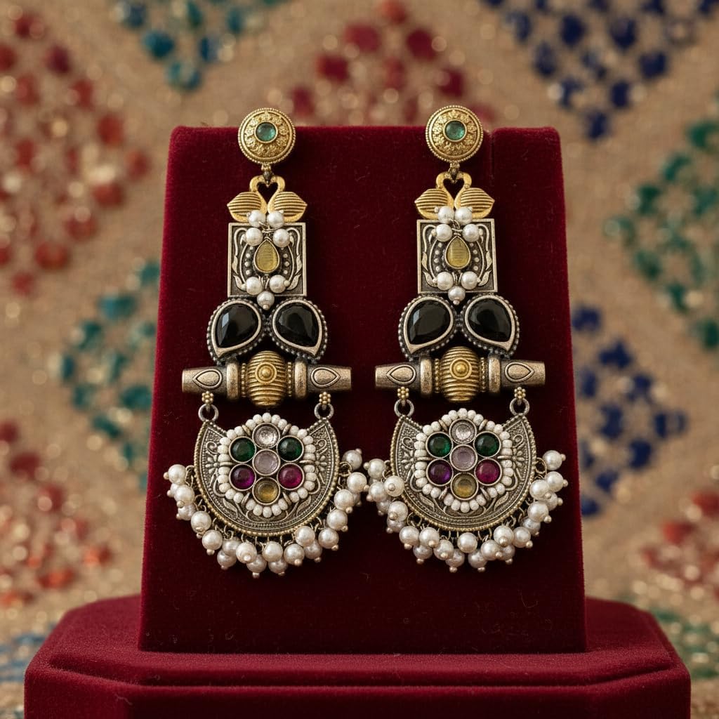 1533-Pretty Precious Oxidised Silver Stylish Party Wear Earrings for Women and Girls-Multicolour