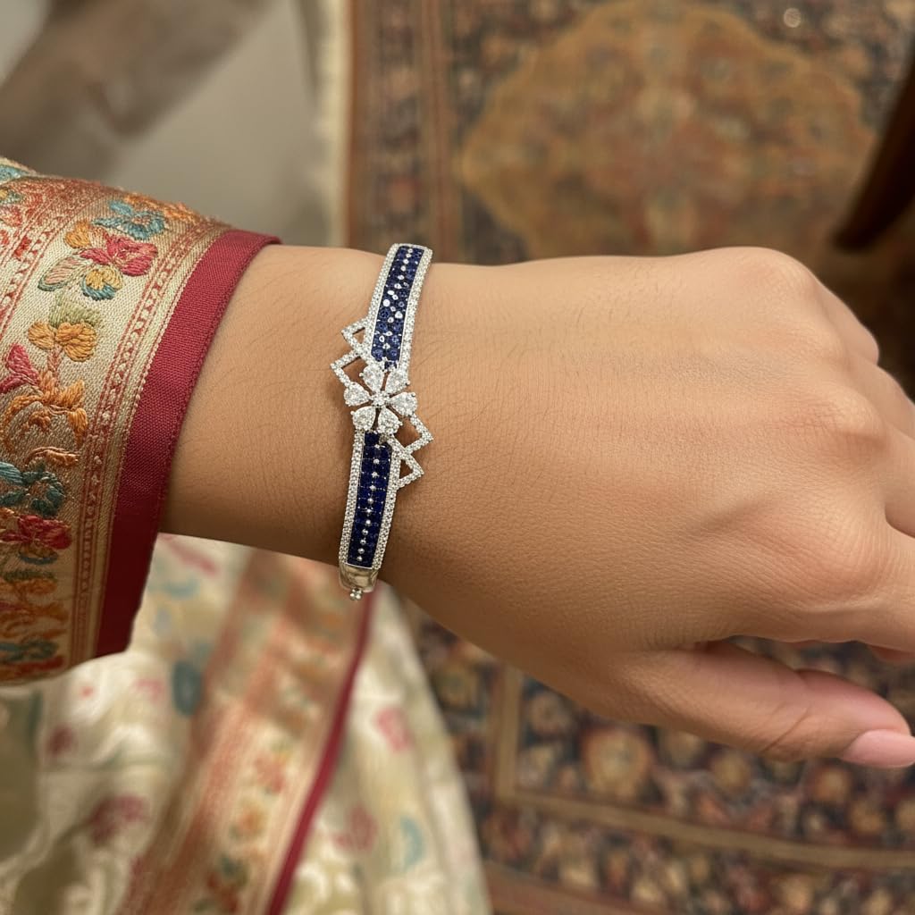 1409-Pretty Precious Rhodium Plated American Diamond Openable Kada Bracelet for Women, Cubic Zirconia, Alloy Steel-Blue