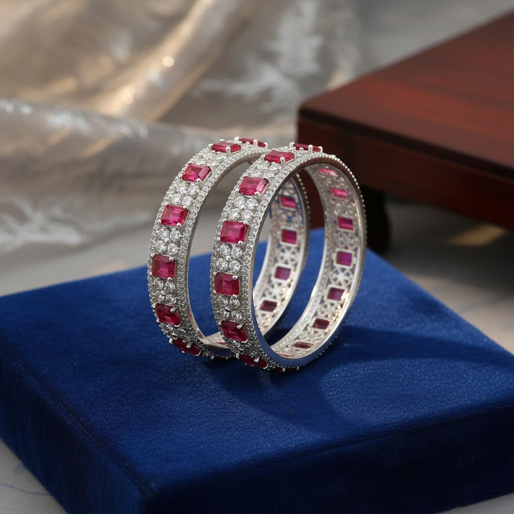 1470-Pretty Precious Rodhium-Plated Cubic Zirconia/American Diamond Traditional Bangles/Bracelet Set of 2 for Women and Girls -Ruby (Size 2.4)