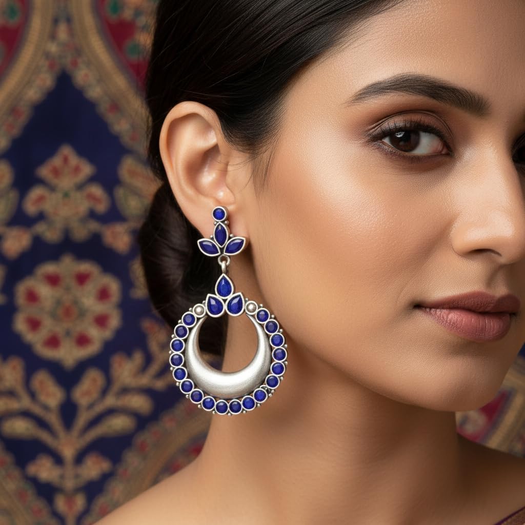 1535-Pretty Precious Oxidised Silver Stylish Party Wear Earrings for Women and Girls-Blue & Ruby White