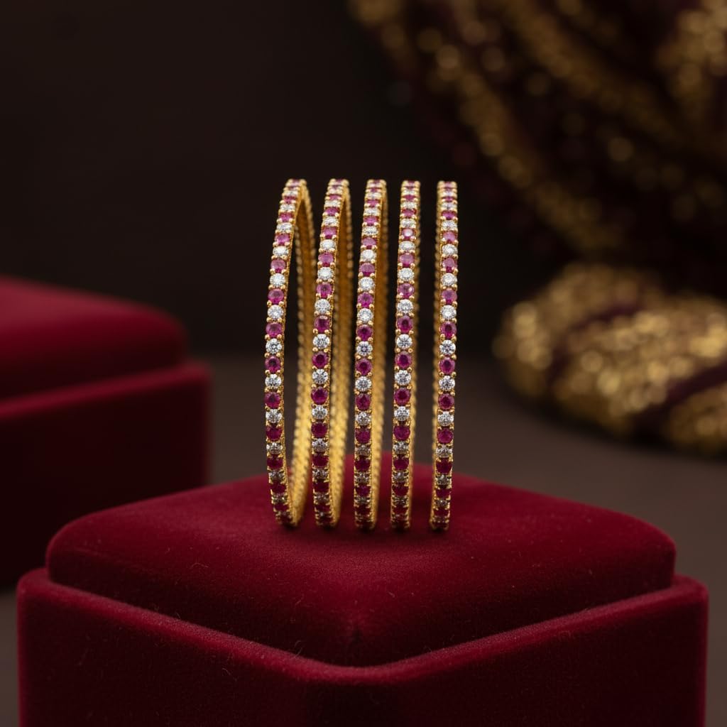 1484-Pretty Precious Gold Plated Cubic Zirconia/American Diamond Traditional Bangles/Bracelet Set of 4 for Women and Girls- Pearl (Size 2.8)