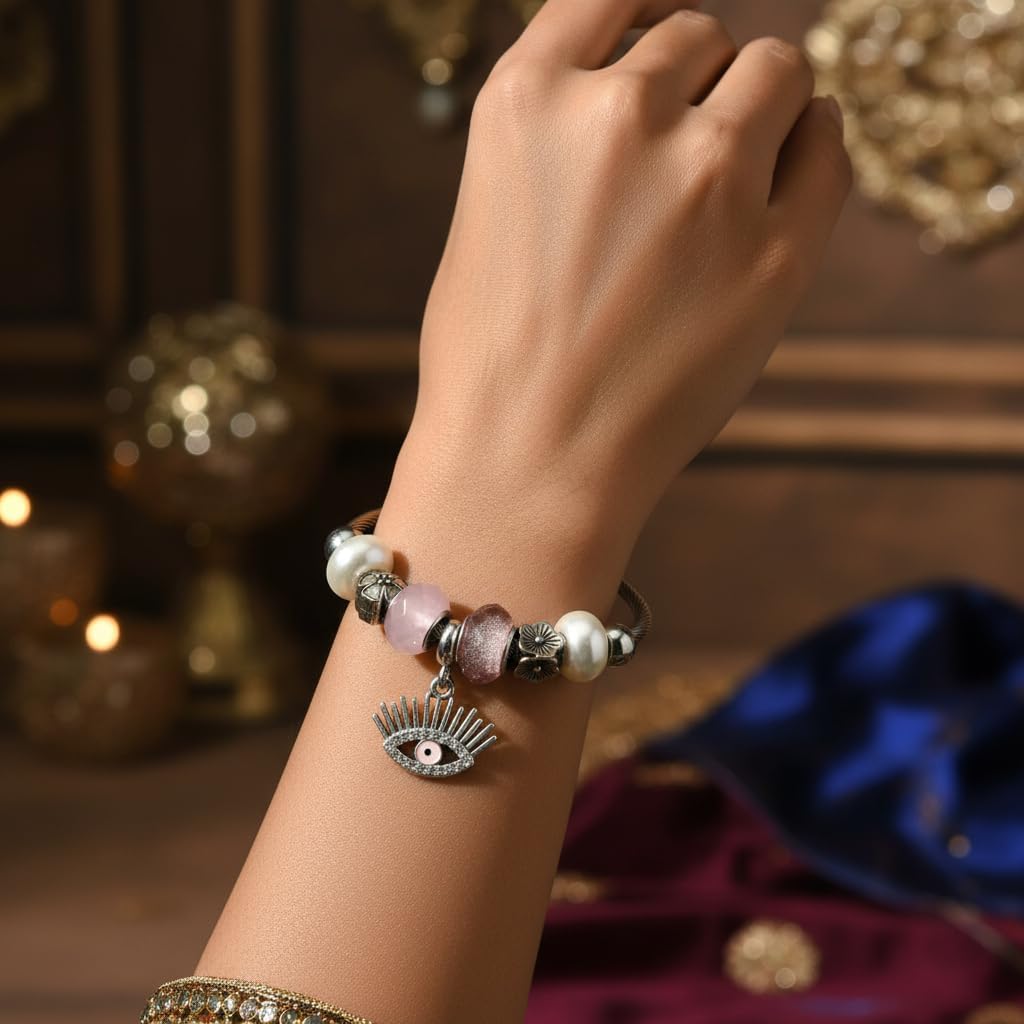 1436-Pretty Precious Silver Cable Charm Bracelet with Beads, Twisted Wire Bangle with Heart Lock, Clover, Butterfly, Pearl Charms