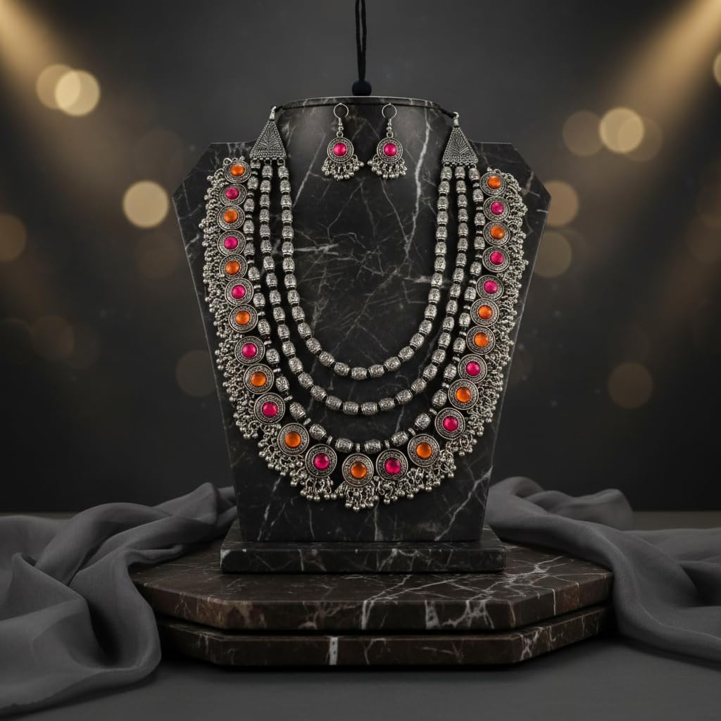 1558-Pretty Precious Latest Stylish Traditional Oxidised Silver Necklace Jewellery Set for Women | Antique Finish Ethnic Necklace with Matching Earrings | Festive & Party Wear-White Colour