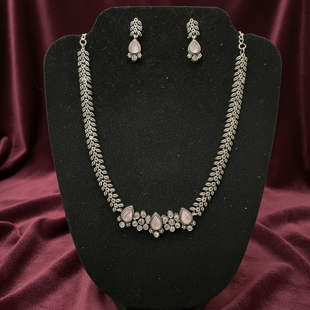 1549-Pretty Precious Latest Stylish Traditional Oxidised Silver Necklace Jewellery Set for Women | Antique Finish Ethnic Necklace with Matching Earrings | Festive & Party Wear-Pink Colour