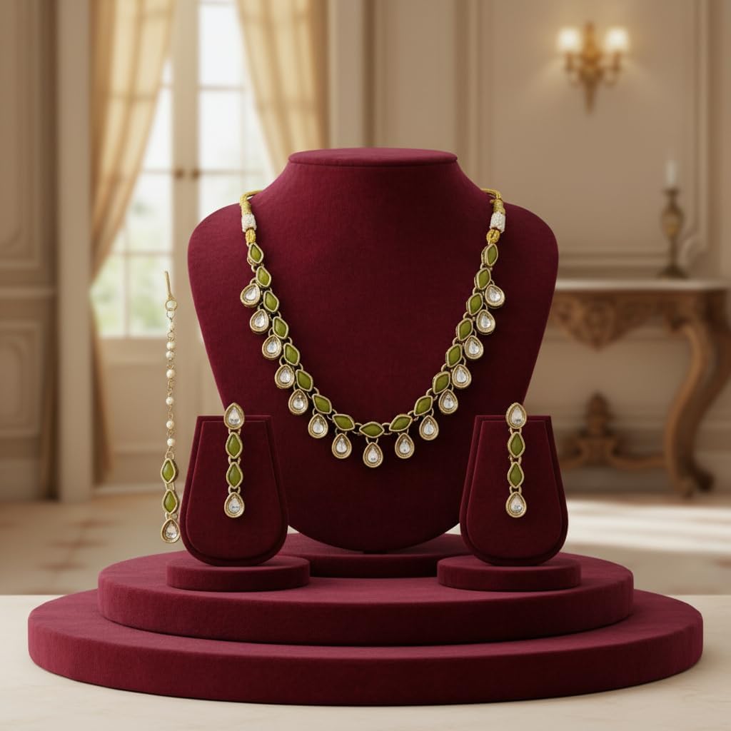 112562-Pretty Precious Kundan Necklace Set with Maang Tikka and Earrings for Women & Girls | Gold Plated Traditional Bridal Jewellery Set | Wedding, Festive & Party Wear-Mehndi