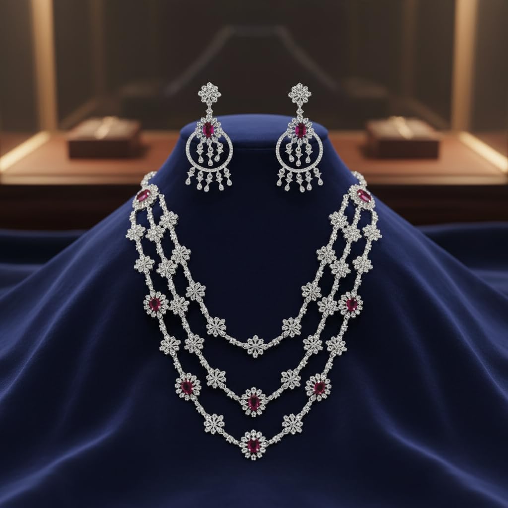 1399-Pretty Precious AD Necklace Set for Women | Rhodium Plated American Diamond Necklace & Earrings Set | Party, Wedding & Festive Jewellery-Ruby Colour