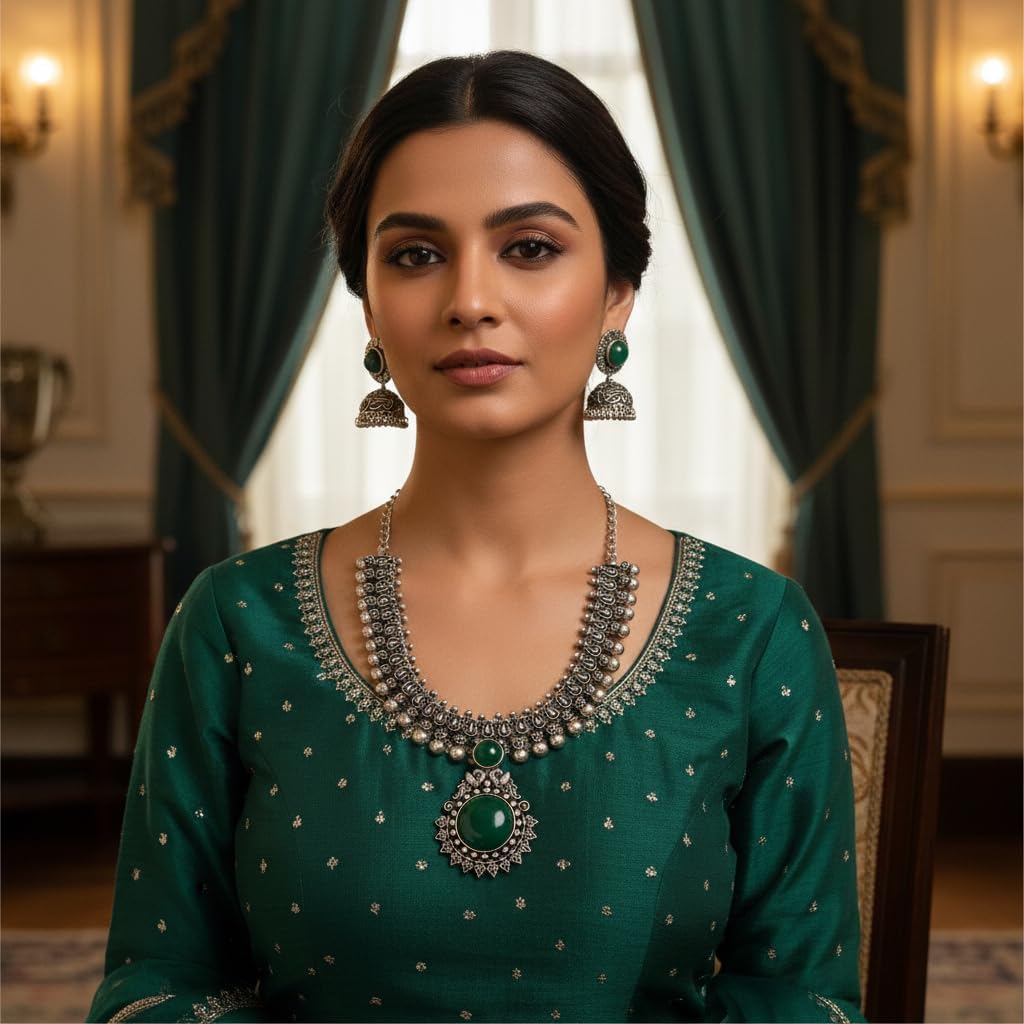 1562-Pretty Precious Latest Stylish Traditional Oxidised Silver Necklace Jewellery Set for Women | Antique Finish Ethnic Necklace with Matching Earrings | Festive & Party Wear-Green Colour