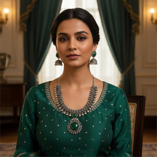 1562-Pretty Precious Latest Stylish Traditional Oxidised Silver Necklace Jewellery Set for Women | Antique Finish Ethnic Necklace with Matching Earrings | Festive & Party Wear-Green Colour