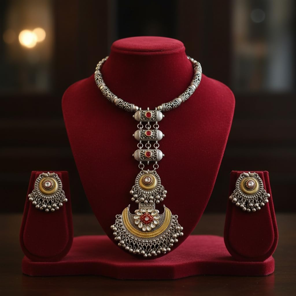 1546-Pretty Precious Latest Stylish Traditional Oxidised Silver Necklace Jewellery Set for Women | Antique Finish Ethnic Necklace with Earrings | Festive & Party Wear-Yellow with Orange (Hasli Style)